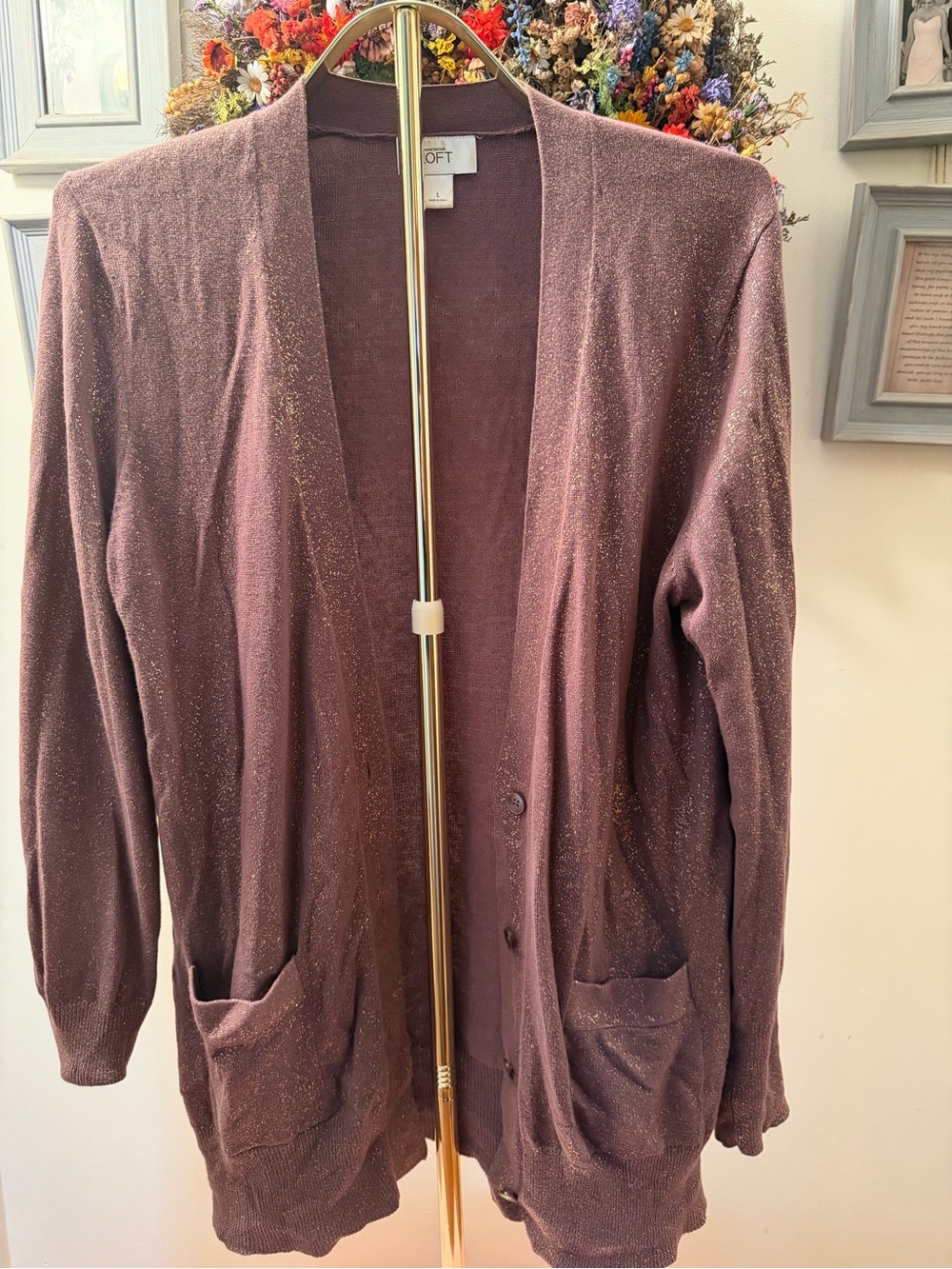 LOFT Plum and Gold Shimmer Open Cardigan